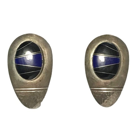 Large Vintage Zuni Sterling Silver Inlay Earrings with Onyx and Lapis Signed FM - Picture 4 of 10
